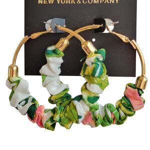 Gold Hoop Earrings Fabric Scrunch Detail 2.25" Green Pink With Gift Bag Trendy